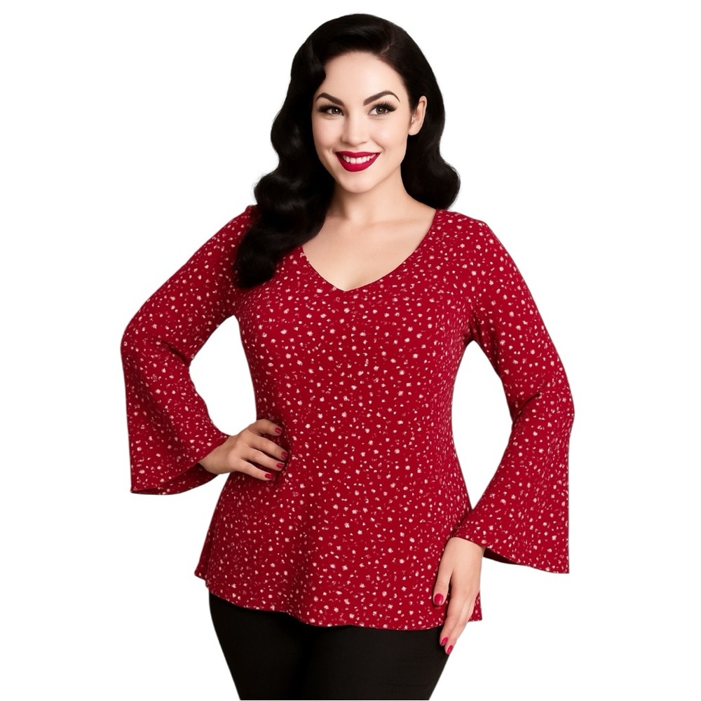 SHEIN Loose fit polkadot lipstick Red Bell Sleeve Blouse top Relaxed Boxy Fit L - Picture 10 of 15